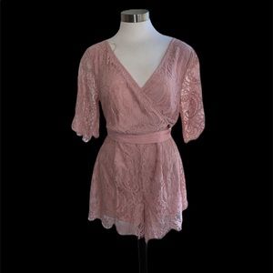 TRIXXI Lace Blush Pink Cute Sheer Sleeve Romper
